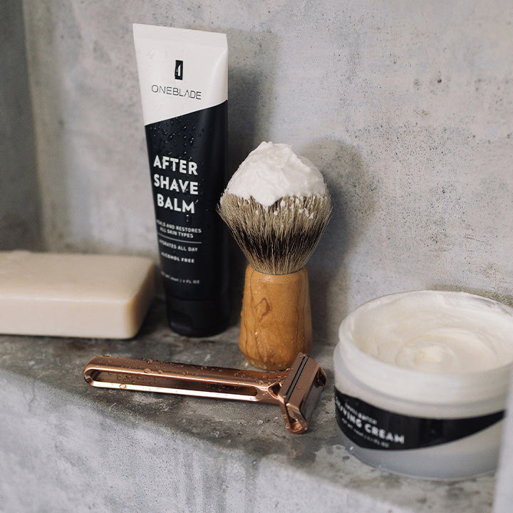 OneBlade Genesis, After Shave Balm, Shaving Cream Brush, and Cream in Shower
