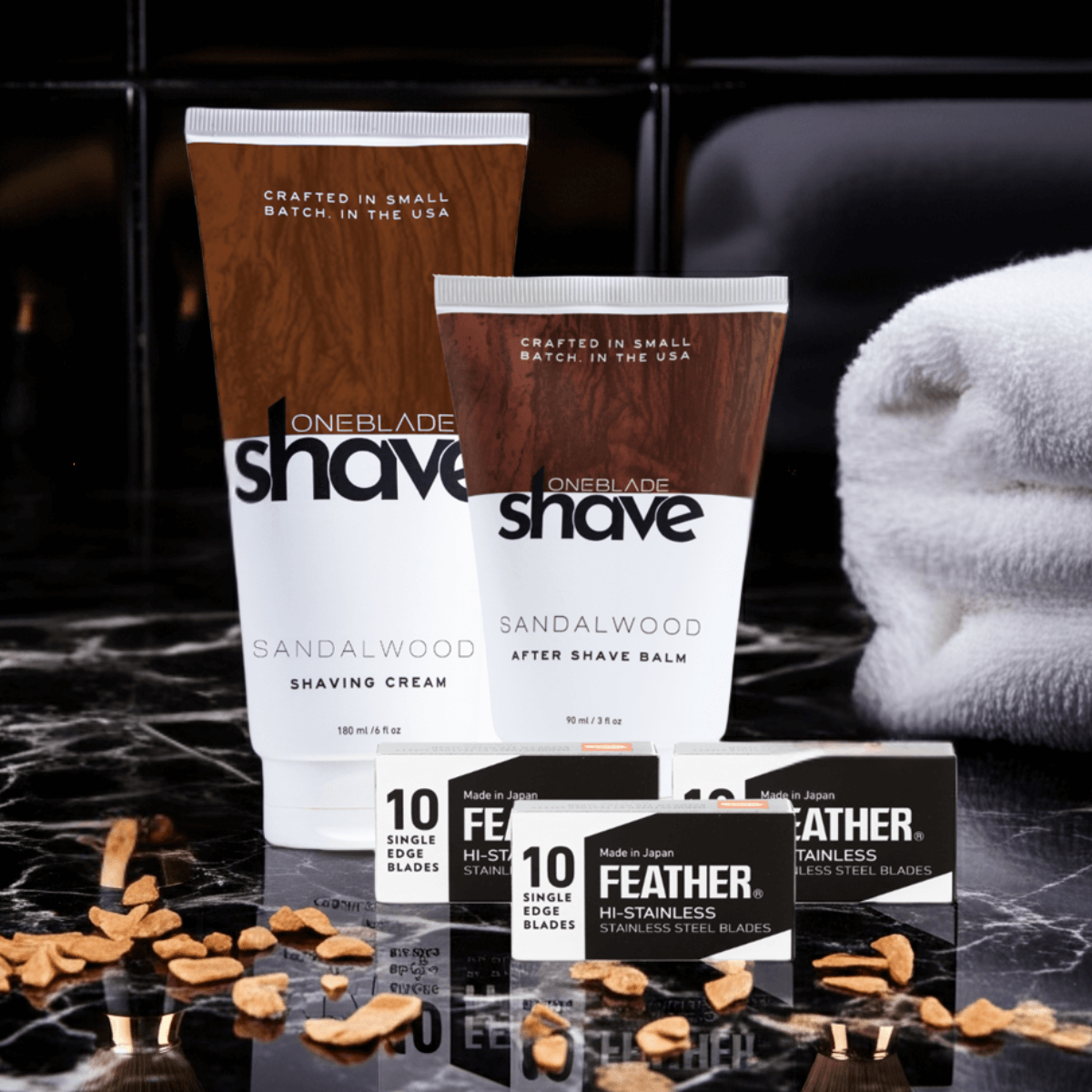 Sandalwood Shaving Essentials Skincare Bundle with Feather Safety Razor Blades